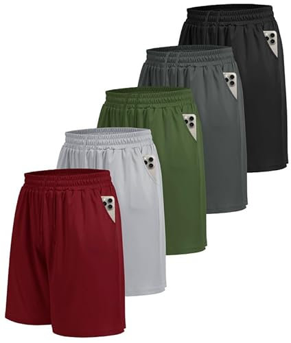 BOOJO 5er Pack Sporthose Herren Kurz Sport Shorts mit Taschen Schnell Trocknend Trainingshose Jogginghose Laufhose für Gym Basketball(Schwarz/Dunkelgrau/Hellgrau/Armeegrün/Weinrot,M)