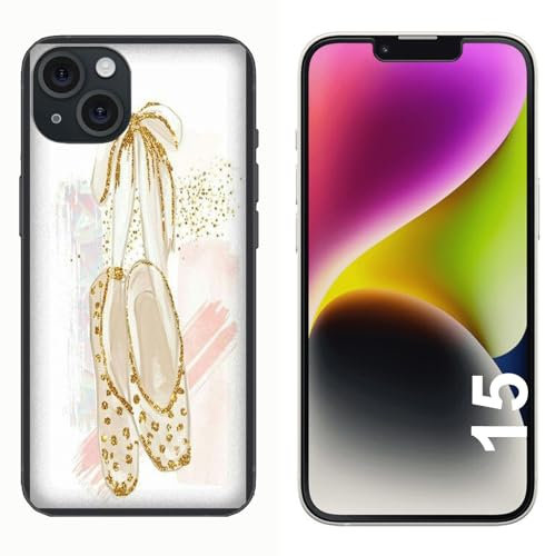 Generico Coque compatible avec coque Apple iPhone 15 chaussures ballerine dorées et rose/gel de silicone souple TPU