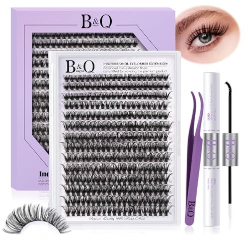 B&Q Wispy Cluster Lashes Kit 280PCS D Curl 40D Mixed 9-16mm Natural Eyelash Clusters with Bond & Seal Lash Glue, Tweezers, Reusable DIY Extensions for Beginners