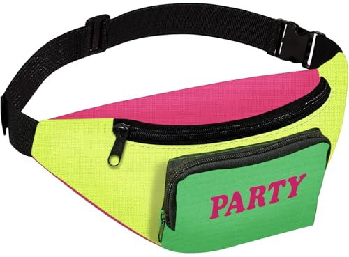Bauchtasche 80er Jahre mit Metallic-Look, Verstellbare Bauchtasche Neon mit 2 Taschen, Bunt Bauchtasche Fasching für 80er und 90er Faschingskostüme, Festival Rave Party Reise