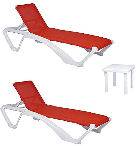 resol grupo garbar ACQUA-Andorra Set 2+1 Tumbona-Mesa Auxiliar Exterior | jardín, terraza, balcón, Playa, Piscina | apilable, reclinable, Ruedas, Posavasos | Estructura Blanca - Textilene Rojo