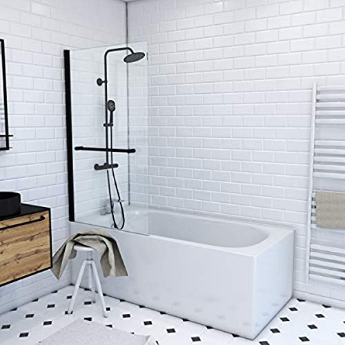 AURLANE Pare-Baignoire Pivotant avec Porte-Serviette 85x150cm - Profilé Noir - Verre 6mm - TSHAPE Dark