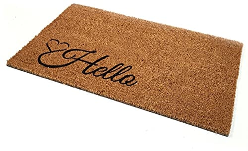 Black Ginger Large, Thick, Decorative, Patterned Coir Door Mats with Nature Designs (Hello Love Heart)