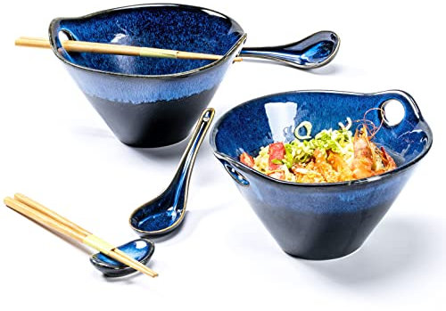 Henten Home Tazones Sopa, Tazón de Fideos Japoneses 900ml, Tazones Porcelana con Cuchara y Palillos, Tazón Ramen Japonés Juego de 2, para Fideos Asiáticos Udon Soba Pho - Azul