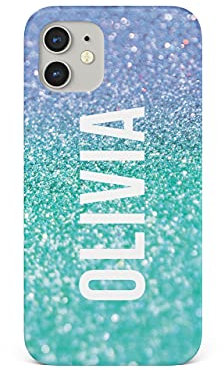 Tirita Personalised Phone Case Cover Compatible with iPhone 13 Mini, PRINTED GLITTER, NOT REAL GLITTER Faded Glitter Marble Bling - Turquoise Blue Sparkle