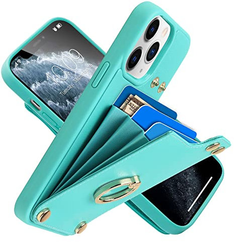 LAMEEKU Wallet Case Compatible with iPhone 11 Pro Max, Leather Case with Card Holder, 360°Rotation Ring Kickstand, RFID Blocking Protective Case Designed for Apple iPhone 11 Pro Max 6.5'' Mint Green