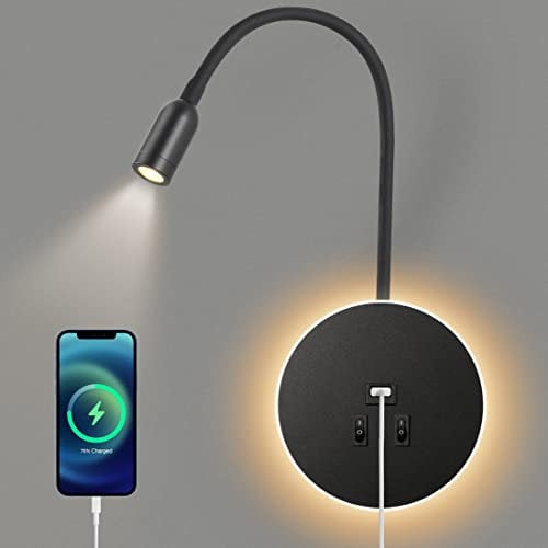 Awekliy 3W+8W LED Schwanenhals leselampe wandlampe USB-Aufladung mit schalter wandleselampe Bettlampe Nachtlicht innen Leselicht Schwenkbar Wandbeleuchtung Schlafzimmer Nachttischlampe 3000K (Schwarz)
