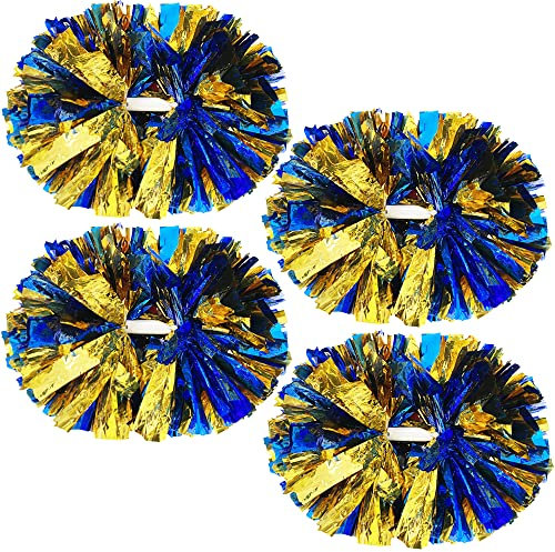 PUZINE Cheerleading-Pompons, Metallic-Cheer-Pompons mit Trainings-Taktstock-Griff für Team-Sport-Spirit-Squad-Bulk-Cheerleader, Blau und Gold, 4 Stück