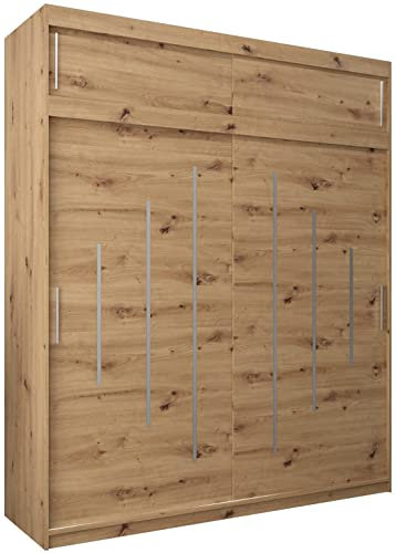 Kryspol Schwebetürenschrank York 200 cm Kleiderschrank mit Kleiderstange und Einlegeboden Schlafzimmer- Wohnzimmerschrank Schiebetüren Modern Design (Artisan Eiche mit Erweiterung)