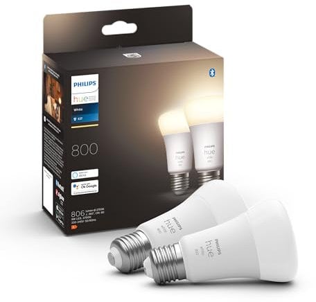 Philips Hue White, ampoule connectée LED E27, 806 lumen, compatible Bluetooth, fonctionne avec Alexa, lot de 2