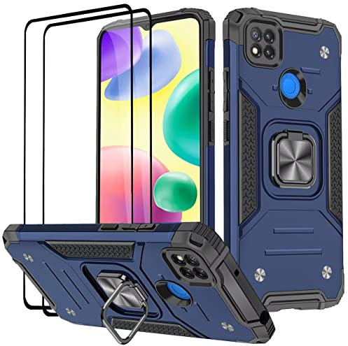 KANSi Cover per Xiaomi Redmi 10A / Redmi 9C, Vetro Temperato [2 Pack] Custodie Silicone TPU 360° Rotante Anello Magnetica Anello Ring Supporto Bumper - Blu