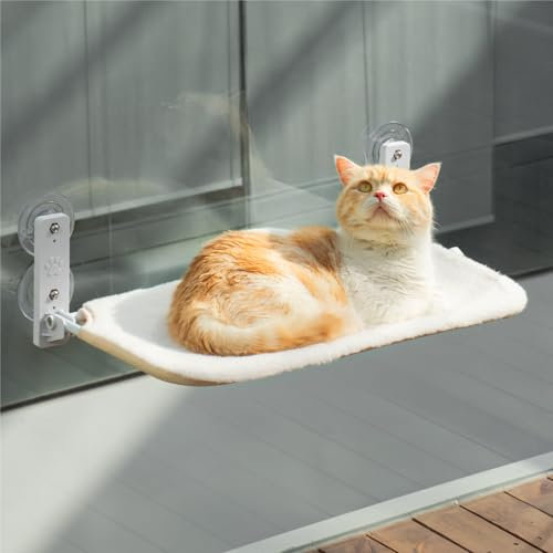 MEWOOFUN Foldable Cat Window Hammock Perch - Cat Window Bed with Powerful Suction Cup up to 18kg, Reversible Washable Cover Cat Hammock for Indoor Cats, White 54x30cm