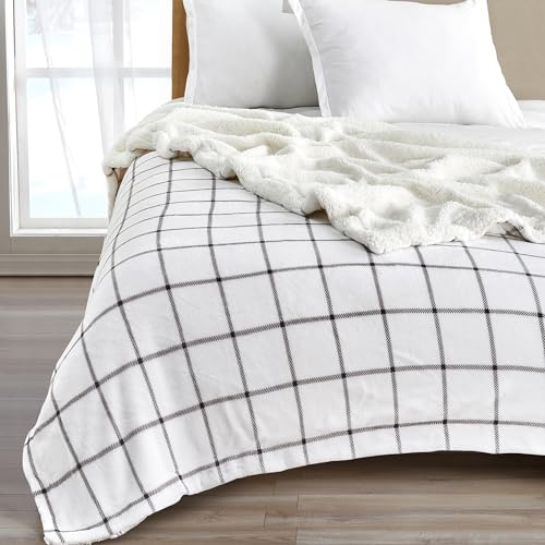 Great Bay Home Sherpa Fleece & Samt Plüsch Full/Queen Überwurfdecke Grau Fensterscheibe Dicke Decke für Stuhl Sofa Bett Warme Wendedecke Weiche Decke Kinsley Collection Grau Fensterscheibe