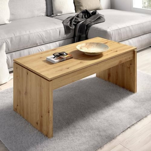 Dmora - Cuar-Couchtisch, Wohnzimmer-Zeitungsständer mit Ablagefach, niedriger hochklappbarer Couchtisch, 102 x 50 x 43 cm, Knot Oak