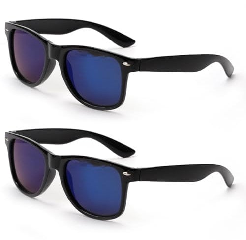 VANANA Classic Retro Sunglasses Vintage Black Square Frame for Men Women Outdoor Fishing Driving Climbing (Blue Mirrored Lens, Pack of 2 Pairs)