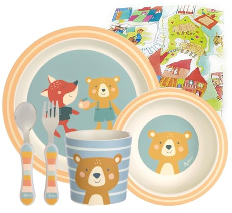 Sigikid Melamin Kinder-Geschirrset Taufgeschenk Kindgerecht Spülmaschinenfest (Bär/Fuchs 4-teilig)