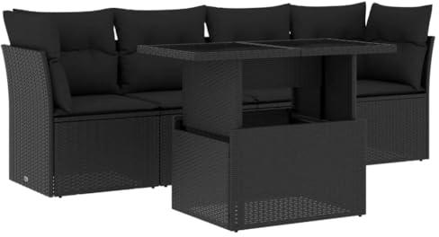 vidaXL Garten Sofa Garnitur 5-TLG., Gartenmöbel Set mit Kissen Modular, Lounge Sitzgruppe für Garten Terrasse, Gartentisch Verstellbare Tischplatte, Schwarz Poly Rattan