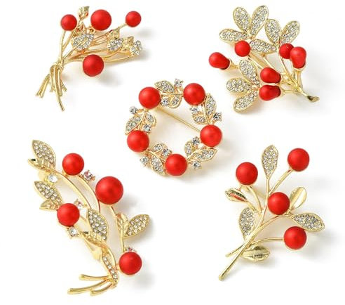 UR URLIFEHALL Lot de 5 broches en forme de feuille de fleurs rouges en strass pour vêtements, sacs, fêtes, cadeaux