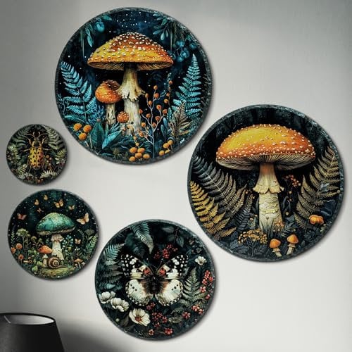 Putuo Decor Pilzkunst-Wanddekoration, Cottagecore, Schlafzimmerdekoration, Holz, Wohnzimmer, Wanddekoration, rund, Vintage-Pilz, Raumdekoration, ästhetisch, abstrakt, minimalistisch, Wandkunst für