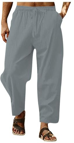 SRZYMJ Herren Leinenhose Lange Weitem Bein Hose Reißverschluss Casual Sommer Strandhose Kordelzug Yogahose mit Taschen Herren Leinen Hose Elegante Hose Herren Sporthose Herren Kurz Mit Tasche