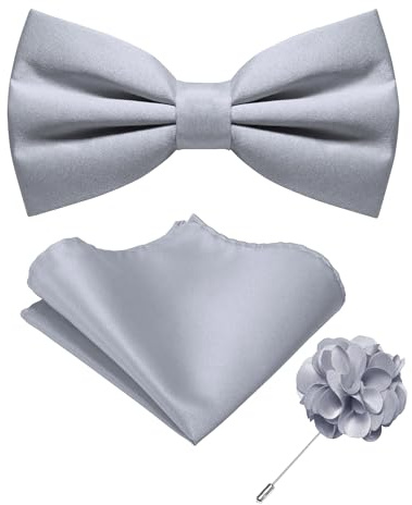 JEMYGINS Silver Pre-tied Bow Tie and Pocket Square with Lapel Pin Set Adjustable Bowtie for Men(24)