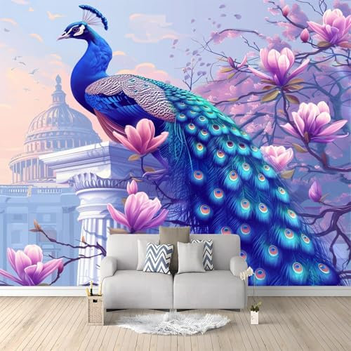 Fototapete 350x256cm XXL Wohnzimmer Schlafzimmer Wanddeko,Lila Vlies Wandtapete Poster Deko,Korridor TV-Hintergrundwand Pfau Und Blume Mit Tiermotiv 3D Effekt Tapete