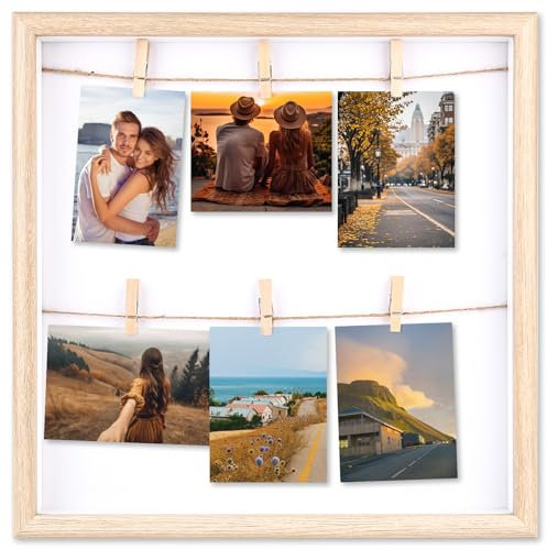 YHNDECO Fotowand mit Klammern, 30x30cm Fotohalter, Fotos Aufhängen mit Schnur, Postkarten Aufhängen, Ideal als für Fotos oder Postkarten