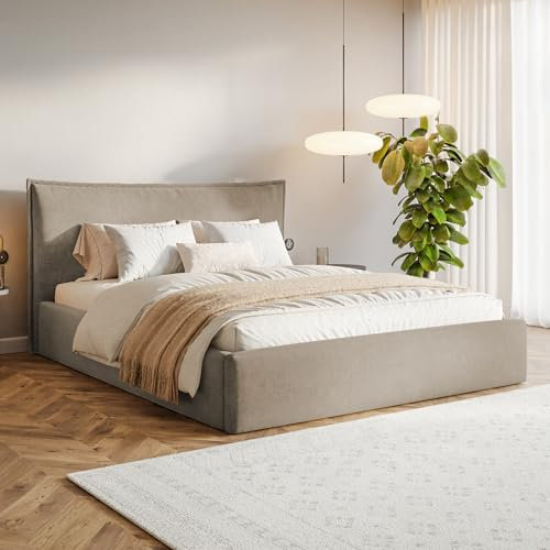 MOTIVENA Leno Bett 140x200 Beige Samt, mit Stauraum, mit Kopfteil, mit Lattenrost, ohne Füße, ohne Matratze, Polsterbett 140x200 mit Bettkasten Beige