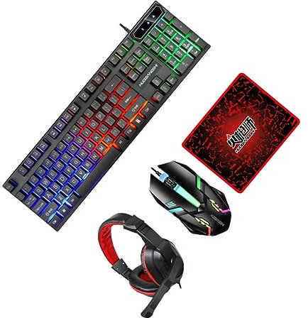 VILLCASE 1 Set Tastiera Retroilluminata USB Mouse e Cuffie Gaming con Tappetino Antiscivolo Esperienza Confortevole e