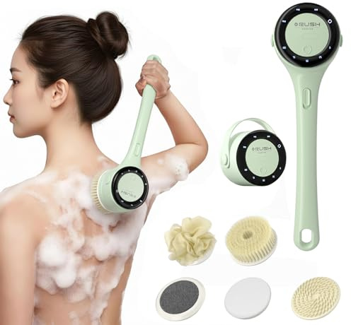 Elektrische Rückenbürste, Langstielige Duschbürste mit Abnehmbarem Griff, Elektrische Körperbürste mit 5 Aufsätzen für Massage Peeling Entfernung Abgestorbener Haut Cellulit (Grün)