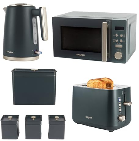 Salter Marino 4-Piece Kitchen Set – 1.7L 3KW Kettle, 925W 2-Slice Toaster, 20L Digital Microwave & Bread Bin/Tea/Coffee/Sugar Countertop Set, Easy Clean, Durable Blue/Grey Design