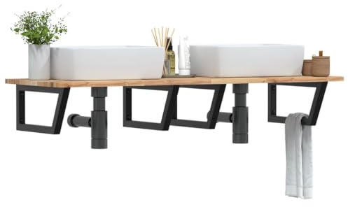Owoxanthellate Waschbeckenregal 140x50 cm Wandmontage aus Akazienholz und Stahl Schwarz Modernes Design Robust und Langlebig für kleine Bäder Gäste-WC und Badezimmer