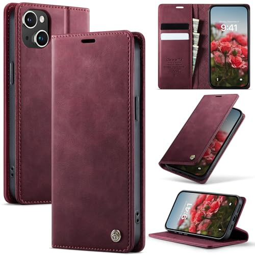 Cracedily Wallet Case for iPhone 13 Leather Wallet Flip Cover with Card Holder, Kickstand, Magnetic Closure, RFID Blocking TPU Shockproof Phone Case Compatible with iPhone 13, Red