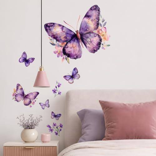 Pomodee Adesivi Murali Farfalle Viola Acquerello Sticker Bambina | Decorazione Parete stile acquerello delicato, adesivi murali removibili, sticker muro primavera