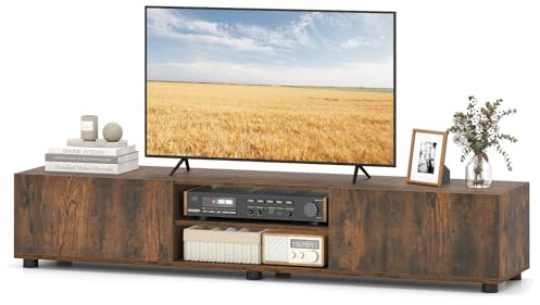 COSTWAY TV Schrank Lowboard für TV bis zu 70 Zoll, Fernsehschrank mit 2 Türen und 2 offenen Regalen, TV-Ständer Fernsehtisch für Wohnzimmer, Schlafzimmer (160 x 35 x 30 cm,Braun)
