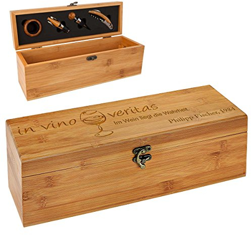 polar-effekt Personalisierte Holzbox mit Gravur - 5-teiliges Sommelier Set - Bambus Geschenkbox für Weinflasche - Weinkiste Geschenk zum Geburtstag - Motiv in vino Veritas
