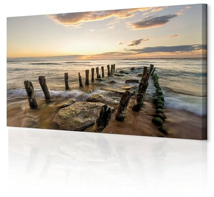 decomonkey Wandbilder Strand Meer 150x50 cm 1 Teilig Leinwandbilder | Strukturleinwand, Holzkeilrahmen, Bild auf Leinwand, Kunstdruck, Wanddeko, Wohnzimmer, Wanddekoration, Sonnenuntergang