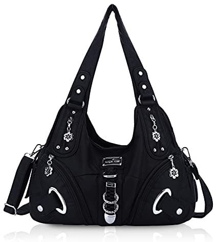 Angel Kiss Handtasche Damen Schultertasche Multifunktionale Umhängetaschen PU Leder mit Reißver Schlusstaschen (Schwarz-1)