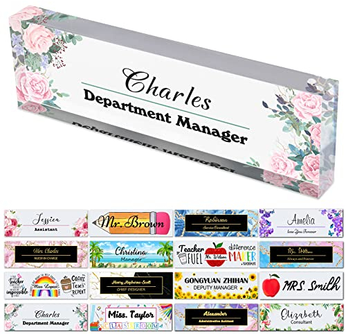 Desk Name Plates for Office Personalised Custom Acrylic Name Plates for Desks Flower Design On Clear Appreciation Decor Gift (8 x 2.5)