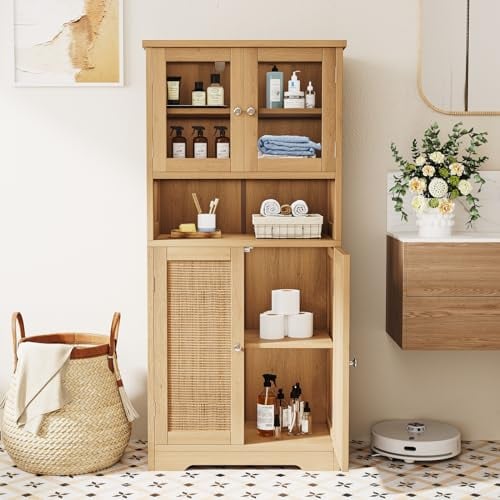 Irontar Rattan Bathroom Cabinet, Bathroom Floor Cabinet with Open Shelf, Display Storage with Doors, Kitchen Cupboard, Storage Cabinet for Living Room, 23.6 x 11.8 x 50.4 Inches, Natural CWG006M