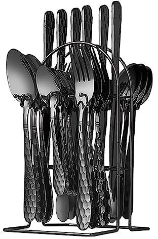 Juego de vajilla de plata de 24 piezas, juego de utensilios de acero inoxidable con soporte, juego de utensilios pulidos para 6 utensilios de cocina duraderos, juego de vajilla para bodas (negro)