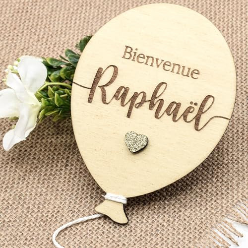 Carte bienvenue bébé ballon en bois, texte & prénom personnalisable, panneau pour la séance photo de naissance, flot & coeur, pailleté ou brillant, idée cadeau, baby, baptême, décoration, souvenir