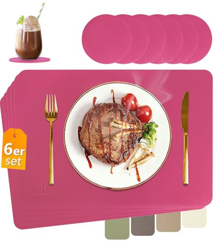 HELI MIAO Tischsets Abwaschbar,Platzsets Abwischbar,Tischset Leder,Hitzebeständig Doppelseitigen I 6er Set Platzdeckchen Lederoptik mit Untersetzer,Tischuntersetzer,Platzdecken Pflaumen rot