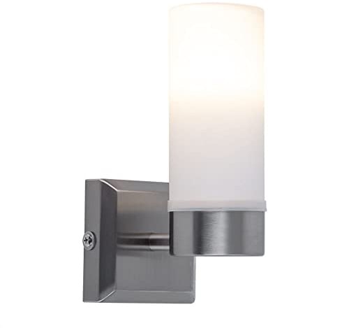 Wandleuchte Glas IP44 Badezimmerleuchte Opalglas Wandlampe Badezimmer, Metall nickel-matt, 1x E14 Fassung, HxT 18,5x11,5 cm