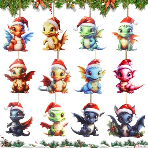 12 Stück Weihnachtsdeko Dinosaur, Drachen Weihnachtsdeko Anhänger, 2D Acryl Drachen Weihnachten Deko, 2024 Fröhliche Lustige Puppen Ornamente für Weihnachtsbaum Dekorationen Partydekoration