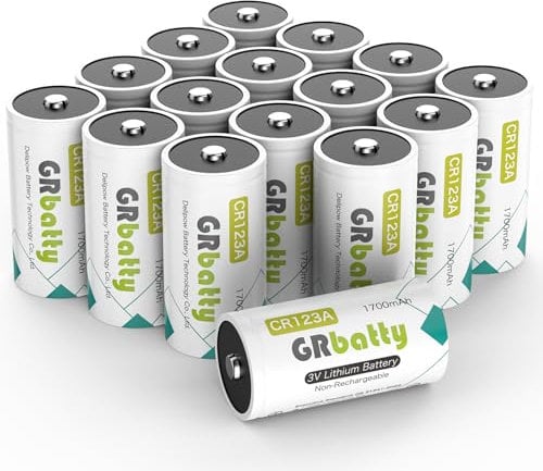 GRbatty CR123A Pilas de Litio 3 V,Pilas CR123A 1700mAh Alta Capacidad para cámaras y linternas, etc. Paquete de 16 (No Recargable)
