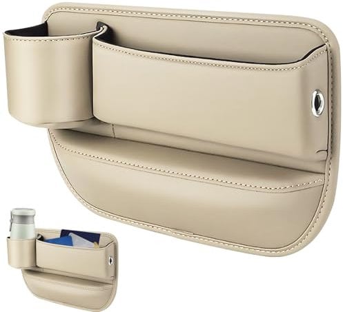 Seat Gap Storage Box,Car Seat Gap Storage Box With Cup Holder,PU Leather Car Seat Gap Filler Organiser,Car Organizer Front Seat,for Phones Glasses Keys Cards (Beige,Driver's Seat)