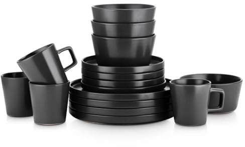 16pcs Plates and Bowls Set for 6-8, British Family Minimalist Durable Bone-China Dinnerware by Microwave Dishwasher Safety, Classic Multipurpose Dinner Sets with 8 Plates, 4 Mug Cups 380ml, 4 Bowls