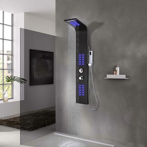 Homgoday Panneau de douche en aluminium 20 x 44 x 130 cm noir, décoration murale de douche fixe, panneau de douche mural, mur de douche coulissant, mur de douche pour salle de bain