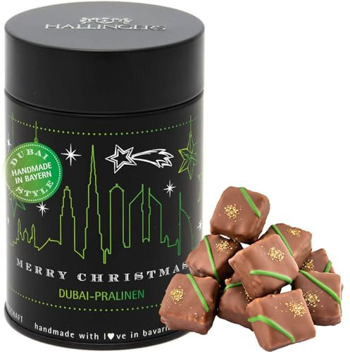 Hallingers Dubai Pralinen Merry Christmas - Dubai Style Schokolade Manufaktur Pralinen handgemacht in Bayern ohne Alkohol aus Edelkakao (Dose) - Geschenkideen Weihnachten & Geschenke Adventskalender |